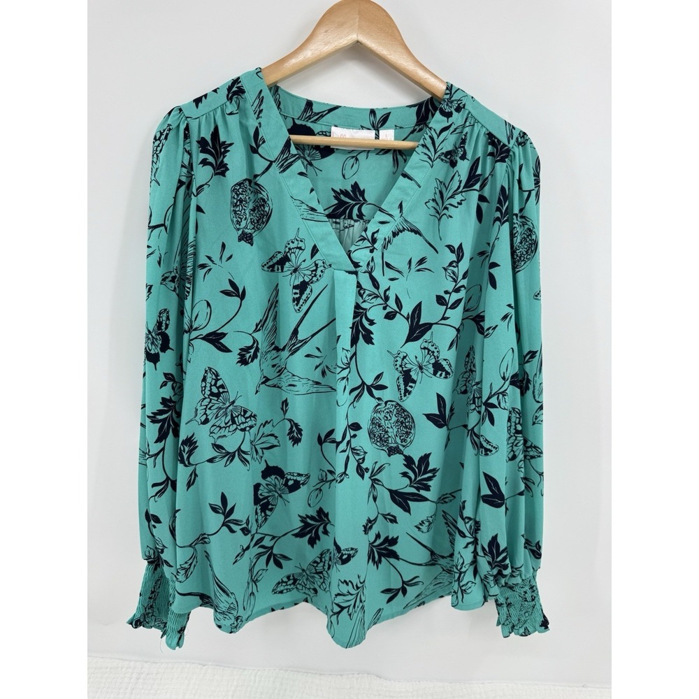 Belle‎ by Kim Gravel Popover Top Teal With Butterfly Print Flowy Smocked Large